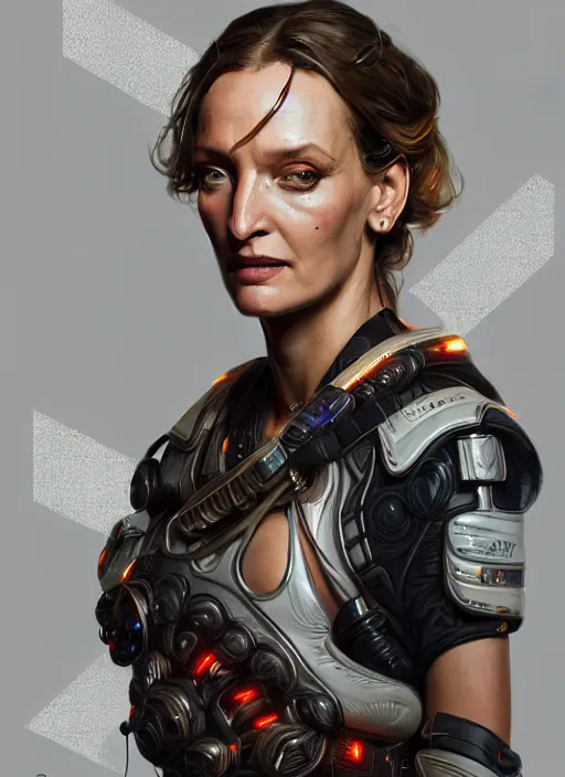 Image similar to portrait of apex legends uma thurman, intricate, elegant, glowing lights, highly detailed, digital painting, artstation, glamor pose, concept art, smooth, sharp focus, illustration, art by artgerm and greg rutkowski, artey freytag