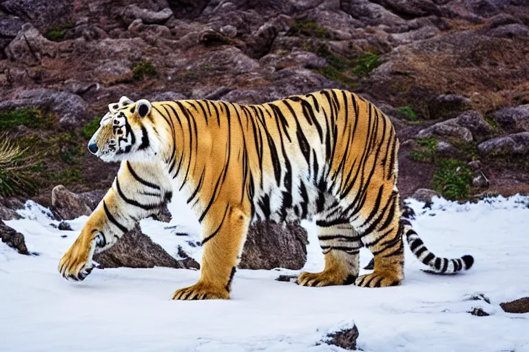 Image similar to a tiger polar bear!!! hybrid! hyper realistic!! realistic lighting!! wildlife photographer of the year!!! bold natural colors, national geographic, hd, wide angle, 8 k