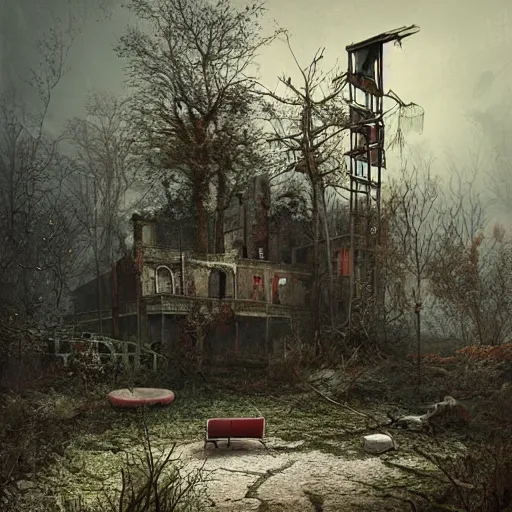 Image similar to michal karcz painting of an abandoned playground. , horror theme, detailed, elegant, intricate, 4k,