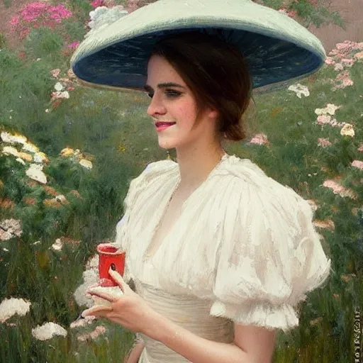 Image similar to closed eyes thick paint brush strokes full body fashion model smiling emma watson by Jeremy Lipking by Hasui Kawase by Richard Schmid (((smokey eyes makeup eye shadow fantasy, glow, shimmer as victorian woman in a long white frilly lace dress and a large white hat having tea in a sunroom filled with flowers, roses and lush fern flowers ,intricate, night, highly detailed, dramatic lighting))) , high quality