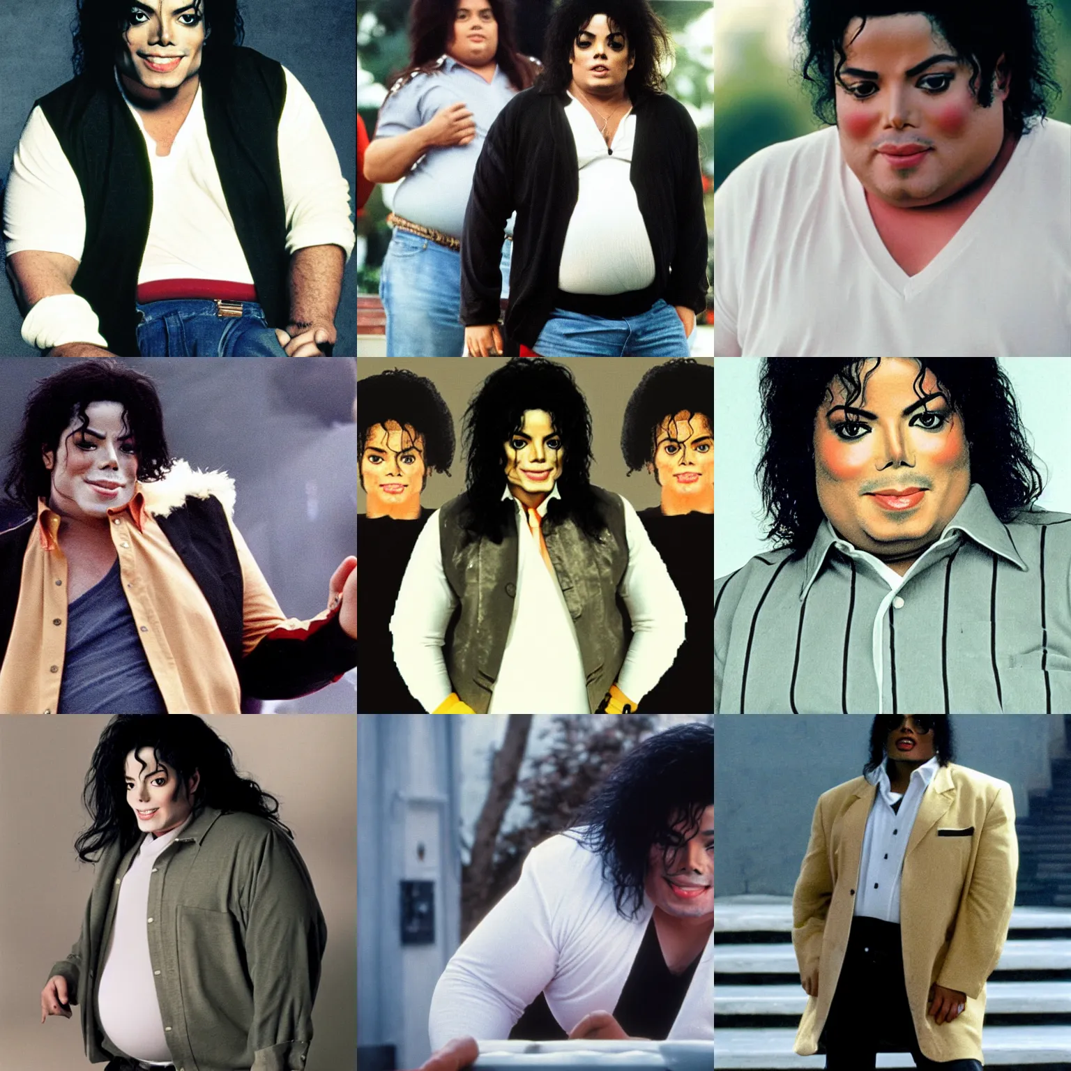 Prompt: michael jackson chubby very obese!!, exposed belly, casual clothes, long medium shot, very realistic film still, high quality 8 k