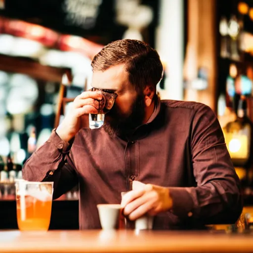 Prompt: A man sitting in a bar staring off into his drink while he ponders about life, 50mm Sigma lens