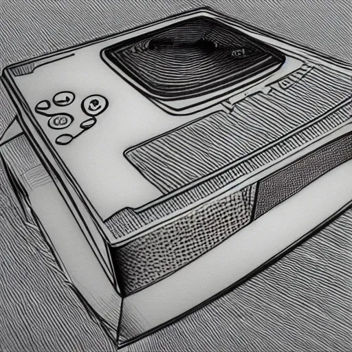 Prompt: a stylized detailed drawing of a first generation xbox, pencil style, wrong perspective 2d drawing by ochiai shohei