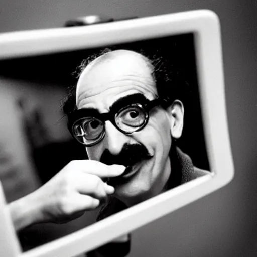 Prompt: bathroom mirror selfie of Groucho Marx, shot on iPhone