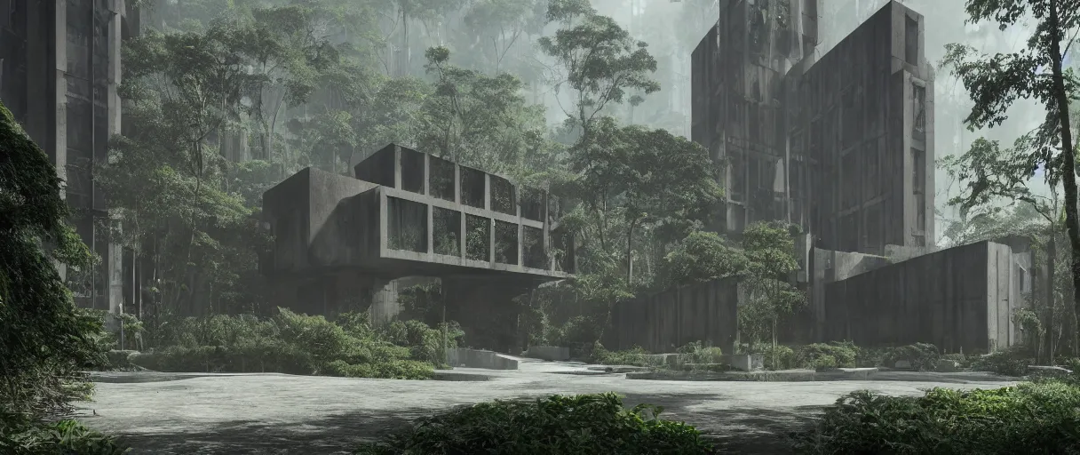 Image similar to brutalist architecture inspired by louis kahn deep in the rainforest. nature is taking over. matte painting by ivan laliashvili. unreal engine 5 render. color scheme blueish. hard shadows. cinematic.