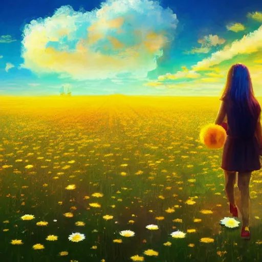 Image similar to giant daisy flower head, full body, girl walking in a flower field, surreal photography, sunrise dramatic light, impressionist painting, colorful clouds, digital painting, artstation, simon stalenhag, flower face