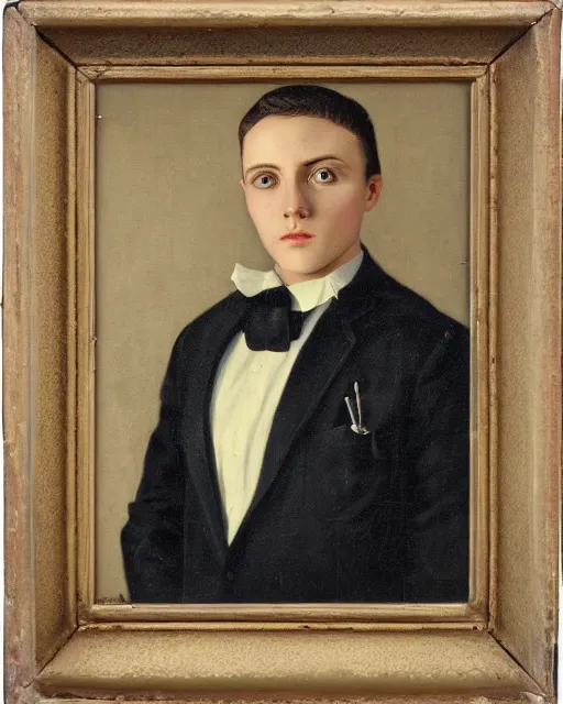 Image similar to portrait of young man wearing black medical mask, suit and tie, style of james c. christensen