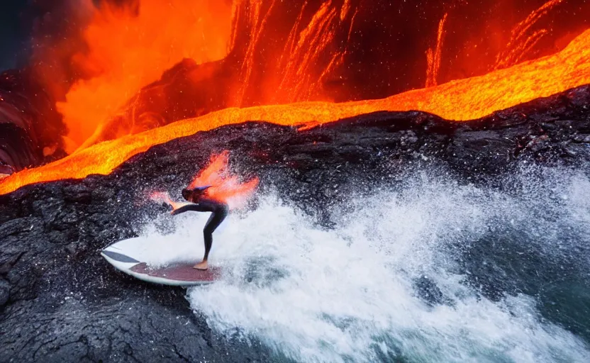 Prompt: surfing down a river of lava on the side of a volcano, action shot, dystopian, motion blur, sharp focus, imax