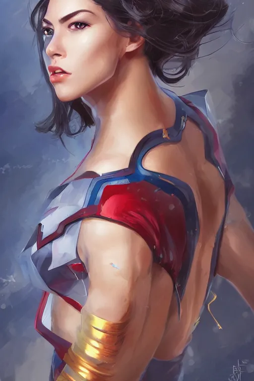 Image similar to three quarters portrait pose of a beautiful woman,super hero costume,heroic pose,highly detailed, digital painting,illustration, art by Stanley Lau