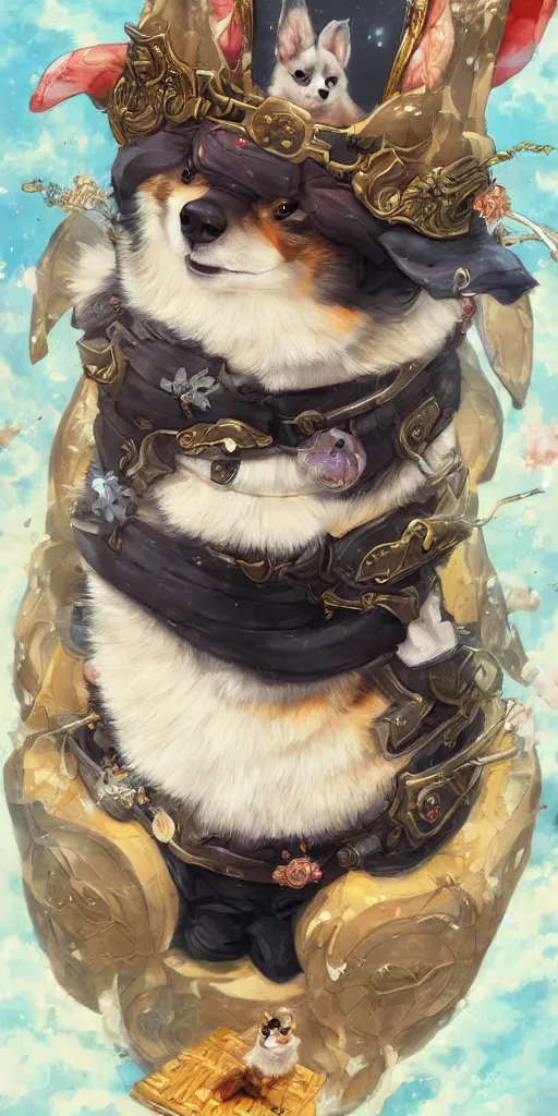 Prompt: highly detailed portrait anime painting of a fluffy corgi ninja god chilling on his throne, by Anna Dittmann and Hikari Shimoda , trending on Artstation, 8k, masterpiece