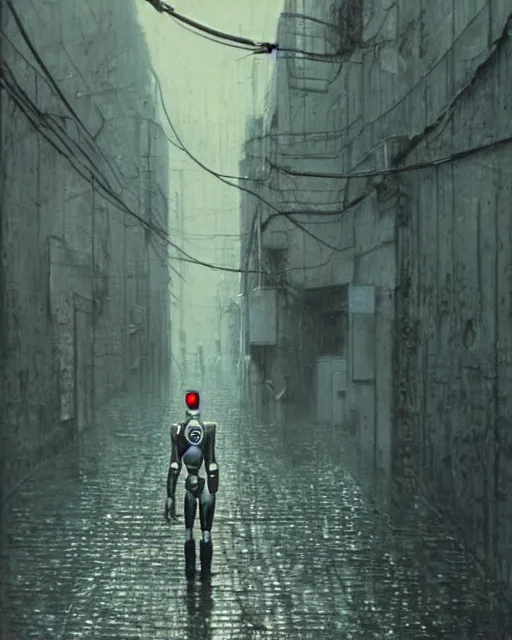 Image similar to robbie the robot walking through a wet alley, retrofuturism sci - fi old movie, highly detailed, photorealistic, 8 k, by beksinski and stalenhag