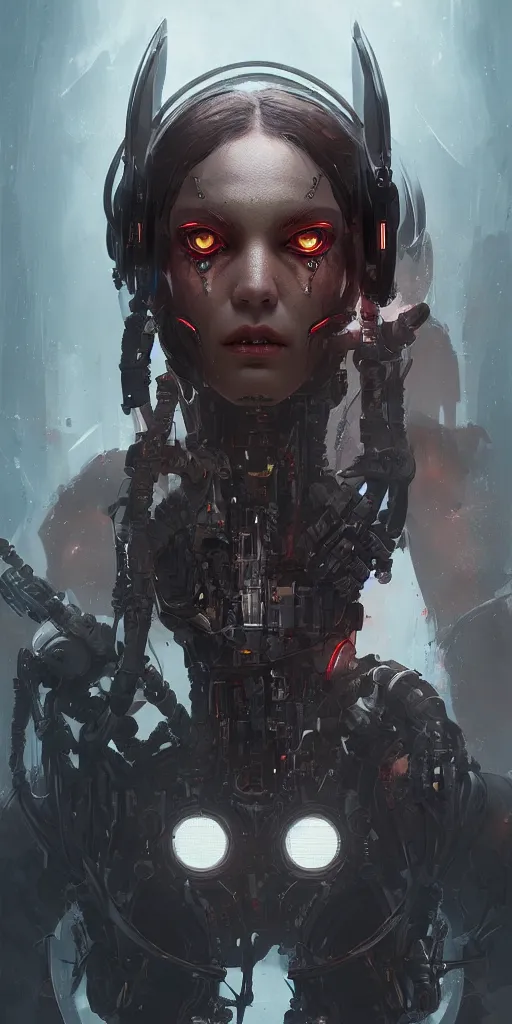 Image similar to a cyborg demon girl, flawless symmetrical pretty cute face, greg rutkowski, 8 k, shallow depth of field, intricate detail, concept art,