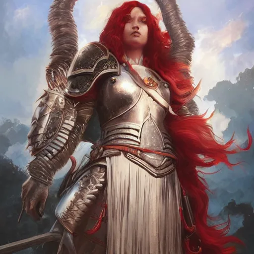 Prompt: a beautiful hyper realistic detailed epic concept art showing ( a noble knight women with red hair accompanied by ) the sacred spirit raccoon, by tom bagshaw, ross tran and bayard wu, in the style of dragon age, featured on artstation