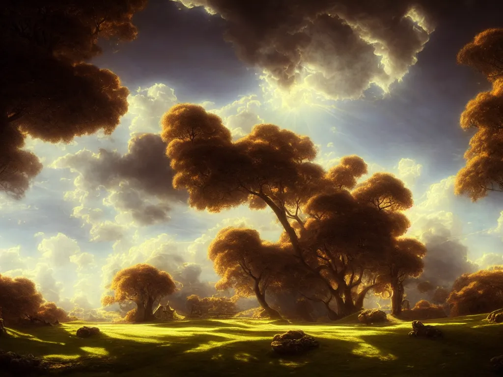 Image similar to beautiful landscape, gorgeous victorian mansion, sunny sky with fluffy clouds, iredescent soft glow bloom effect, dream - like, baroque portrait painting, perfect composition, beautiful detailed, intricate detailed octane render, unreal engine 5, trending on artstation, 8 k, chiaroscuro, masterpiece, raphael, caravaggio, beksinski, ghibli