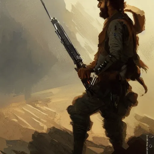 Prompt: handsome, brown - bearded far - future resistance fighter wearing shemagh and carrying slender laser rifle with bayonet by greg rutkowski, deak ferrand, anato finnstark, and rembrandt