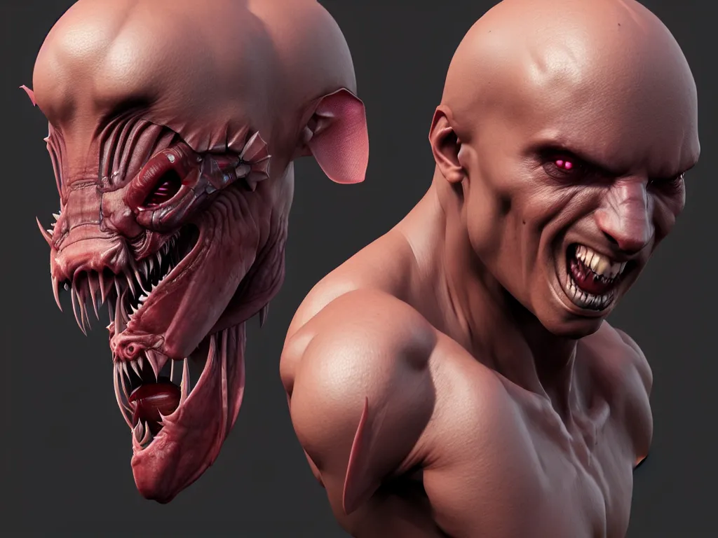 Image similar to game concept art, muscular, isopod head, chiroptera ears, hyperrealism, artstation, cgsociety, zbrush, no background