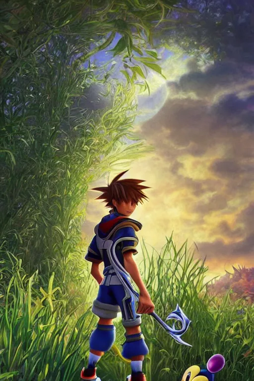 Image similar to sora from kingdom hearts, wavy hairstyle, highly detailed, in a magical lush field of overgrown plants, goofy and Donald Duck blurred in the background, digital painting, artstation, concept art, smooth, sharp focus, illustration, cinematic lighting, art by artgerm and greg rutkowski and alphonse mucha