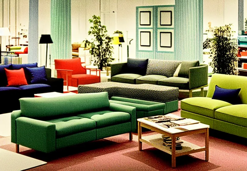 Prompt: a photograph of an ikea showroom, with couches designed by monet