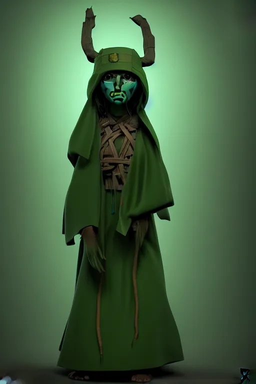 Image similar to A cute shaman with no nose, glowing eyes and a very long hooded dark green cloak of leaves by Julien Kaspar, 3D render, stylized, Cycles Render