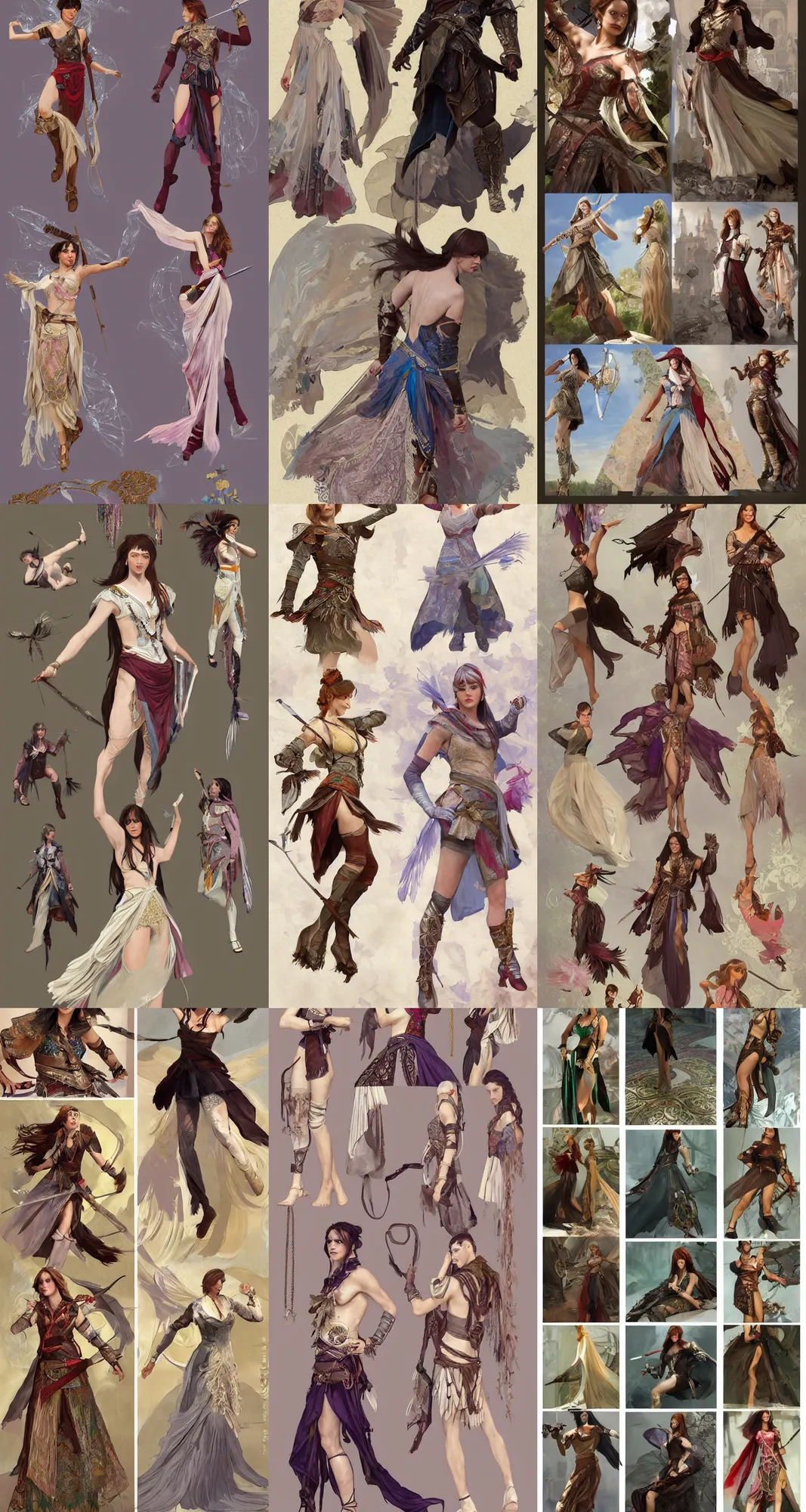 Prompt: Painterly character concept and fashion spot illustrations from Assassin's Creed and Xena Warrior Princess mashup, full-body, bloom, dynamic poses, diaphanous cloth, bloom, god rays, studio lighting, intricate crystalline and feather jewelry, ornate, filigree, arcane, cinematic lighting, by Alphonse Mucha, by John Singer Sargent, by Bouguereau, by Rubens, fantasy, portfolio illustration, highly detailed, trending on Artstation, CGsociety, Pixologic top row, rendered in Octane, rendered in Arnold, HQ, 8k, 35mm lens, f2.8, Bokeh,