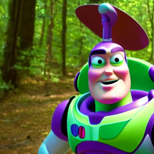 Image similar to realistic buzz lightyear in the woods with scary 4 k quality super realistic