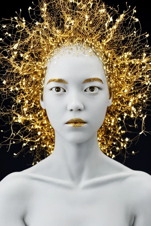 Prompt: full head and shoulders, beautiful porcelain female person, smooth, delicate facial features, white detailed eyes, white lashes, 3 d white anatomical bones, large electrical gold sparks, gold leaf and glowing lightening, by daniel arsham and james jean