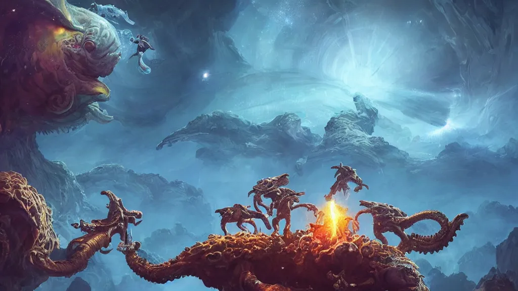 Image similar to Astronauts have a treasure with them, they are riding some wild creatures to escape from the giant Cthulhu that is behind hunting him, they are running over the ring of the gas planet, this is an extravagant planet with wacky wildlife and some mythical animals, the background is full of nebulas and planets, the ambient is vivid and colorful with a terrifying atmosphere, by Jordan Grimmer digital art, trending on Artstation,