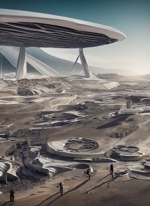 Prompt: techno mining tailing in chuquicamata bioremediation white futuristic horizontal architecture, epic, cinematic, hyperealistic, high detailed, corona render, hdr, ray tracing