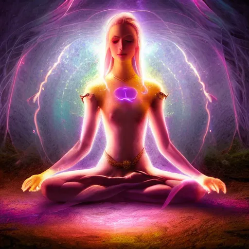 Prompt: glowing cracks, elven princess, meditating, peaceful, levitating, powerful, blossoming, lotus pose, zen, glowing, fractal background, ascending, detailed, realistic, digital art, fantasy, trending on artstation, cinematic, movie clip