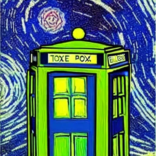 Image similar to an explosing tardis painted by van gogh