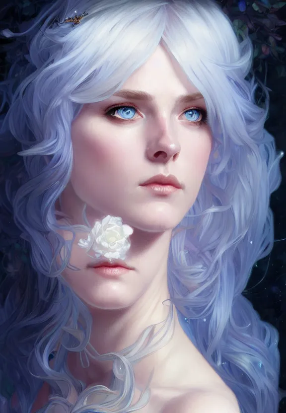 Prompt: portrait of fairy woman, d & d, blue eyes, white hair, face and full body, fantasy, intricate, elegant, highly detailed, digital painting, artstation, concept art, smooth, 8 k, sharp focus, illustration, art by artgerm and greg rutkowski and alphonse mucha