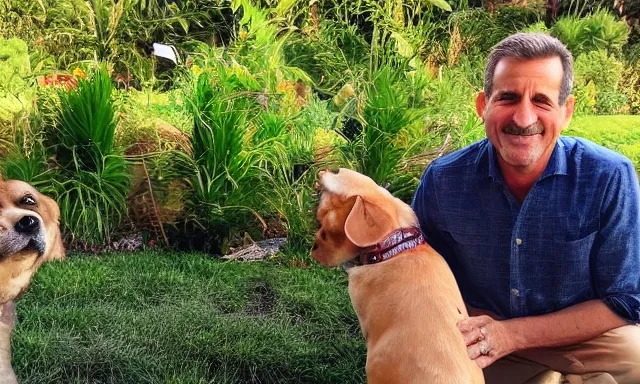 Prompt: My dad Steve just took a hit from the bongo and have good time being gracefully relaxed in the garden, sunset lighting. My second name is Carell. My dad second name is Carell. Im the dog and Steve Carell is my dad. Detailed face