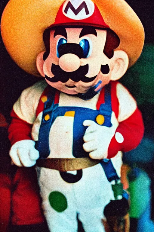 Prompt: 35mm photo of Mario from the video game Mario Bros., wearing a dia de los muertos mask light leaks, kodachrome