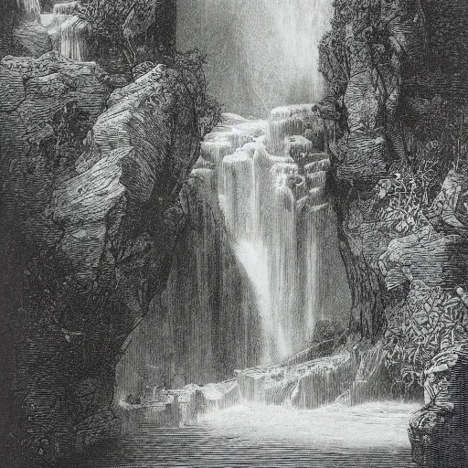 Image similar to waterfall scene, gustave dore lithography