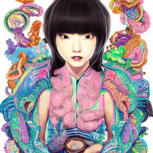 Prompt: the portrait of an incredibly cute and sophisticated japanese woman partially made of onion rings of all colors, an ultrafine detailed illustration by james jean, final fantasy, intricate linework, bright colors, behance contest winner, vanitas, angular, altermodern, unreal engine 5 highly rendered, global illumination, radiant light, detailed and intricate environment