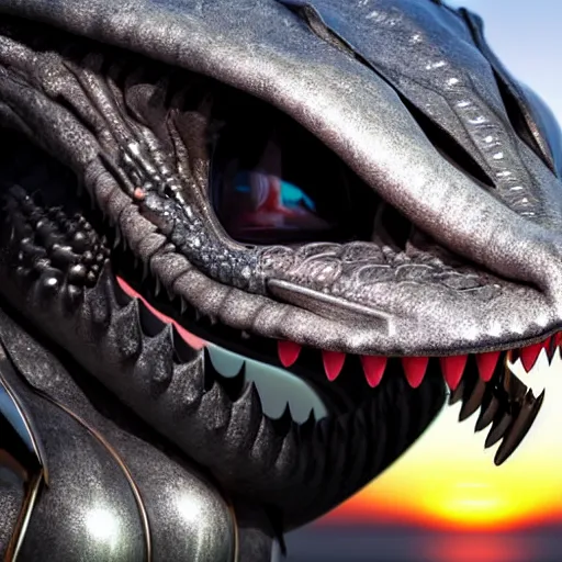 Prompt: close up maw shot of a cute stunning robot anthropomorphic female dragon, with sleek silver armor, a black OLED visor over the eyes, looking at the camera, her dragon maw open in front of the camera, camera looking down into the maw, seeing the gullet, tongue, and teeth, about to consume you, on the beach at sunset, highly detailed digital art, furry art, anthro art, sci fi, warframe art, destiny art, high quality, 3D realistic, mawshot, dragon art, Furaffinity, Deviantart