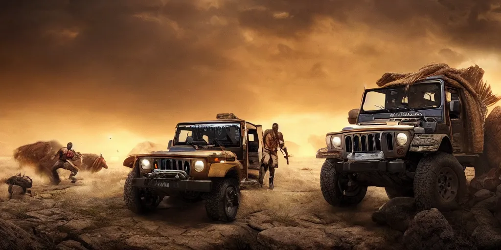 Prompt: Mahindra thar, tribe members attacking, action scene, an epic fantasy, dramatic lighting, cinematic, establishing shot, extremely high detail, photorealistic, cinematic lighting, artstation, octane render, by christopher nolan, horizon forbidden west