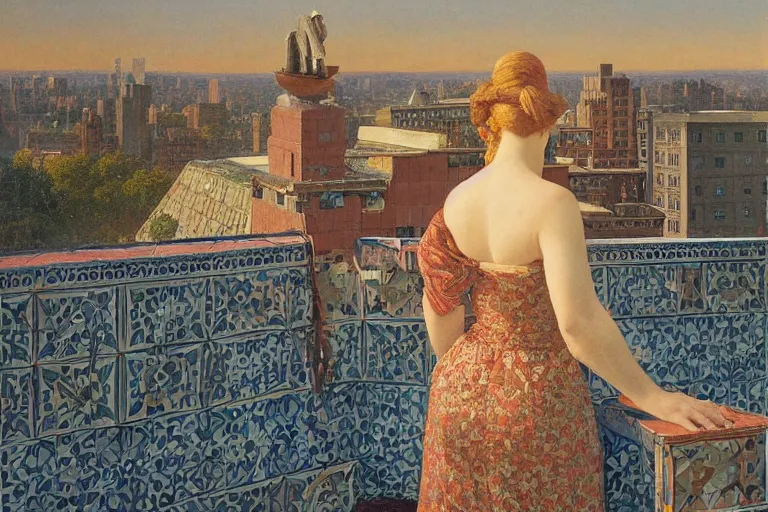 Prompt: painting of a lady, in a rooftop, watching new york, beautiful, sunset, romantic, by ludwig deutsch and maxfield parrish, patterned tilework, extremely detailed, cinematic lighting, smooth sharp focus