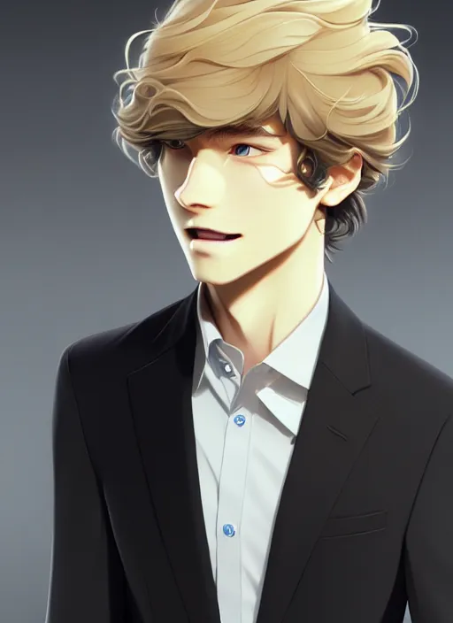 Image similar to young man with medium - length, curly, golden hair, perfectly proportioned face, aquamarine eyes, sweet smile, wearing a black suit, natural lighting, path traced, highly detailed, high quality, animation art, digital painting, by new haicheng and studio ghibli