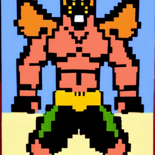 Image similar to full body portrait. 8 bit graphics. antropomorphic muscular masculine wolf, kickboxer fighter, in shorts, in front of destroyed city. wolf head. furr on body. at night. 1 9 8 9