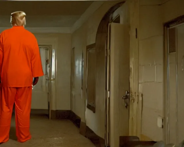 Image similar to establishing shot, film still of donald trump wearing orange prison pajamas locked up in an asylum, cinematic masterpiece, octane, dramatic lighting, very detailed