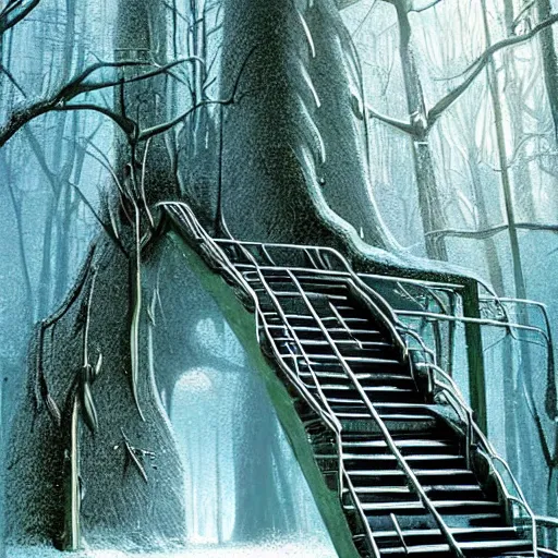 Image similar to stairs leading to a frozen derelict portal in a middle of a snowy lush futuristic forest, green lush world seen only through a portal, daylight, cinematic lighting, blue sky, syd mead, john harris