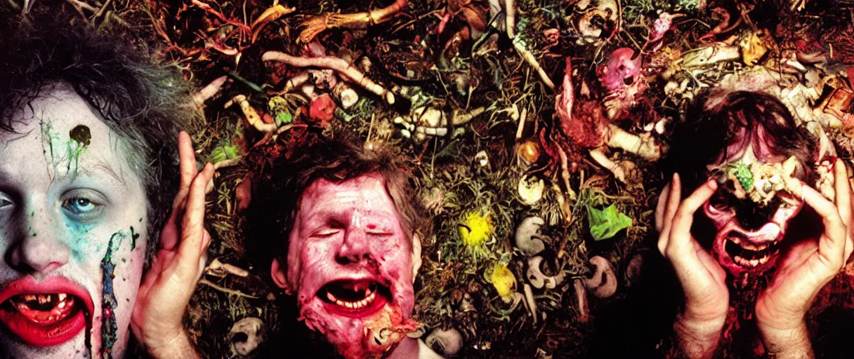 Image similar to award winning photo of a todd solondz charles thompson iv eating magic mushrooms and rotting, sad and happy, crying and smiling franticly, vivid colors, happy, symmetrical face, beautiful eyes, studio lighting, wide shot art by sally mann & arnold newman