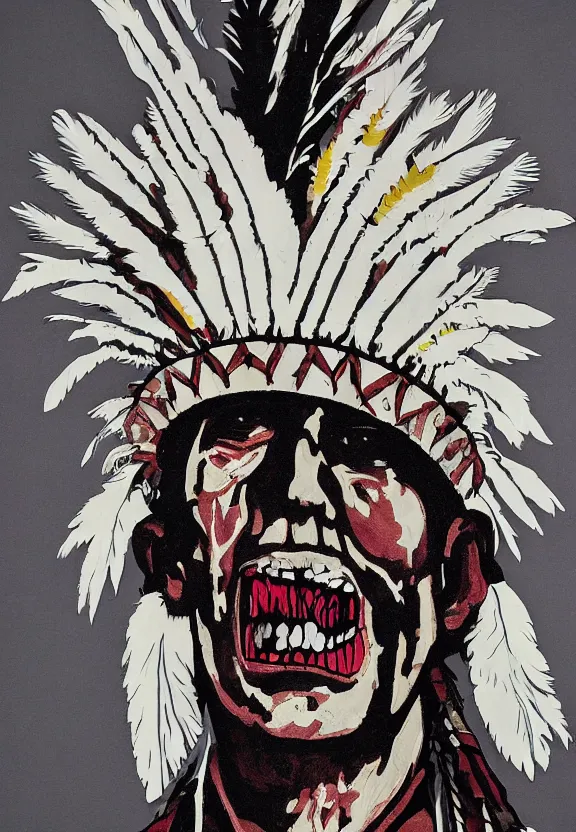 Image similar to close up portrait of zombie Pope Francis wearing a Native American Indian Feathered Headdress War Bonnet, dead redemption, by Kara Walker