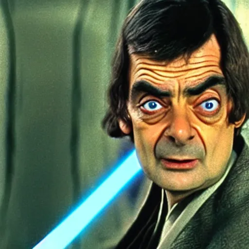 Image similar to Still of Mr. Bean as jedi master Obiwan kenobi!!!!. in Star Wars (1977). detailed eyes. medium shot, technicolor. light saber