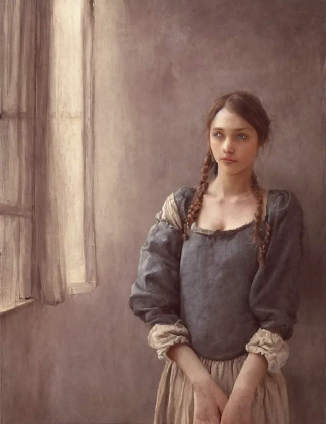 Prompt: tempting peasant girl with deep décolleté, portrait , Cinematic focus, Polaroid photo, vintage, neutral colors, soft lights, foggy, by Steve Hanks, by Serov Valentin, by lisa yuskavage, by Andrei Tarkovsky, by Terrence Malick, 8k render, detailed, oil on canvas