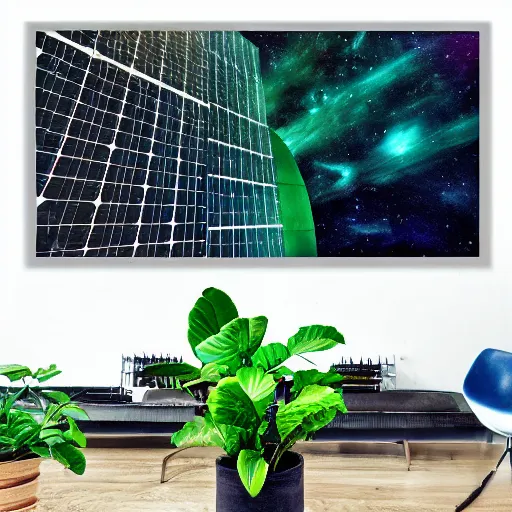 Image similar to dslr kodak, photo of a solar punk lush giant plants city, modern architecture, city color scheme, geometry will draw the soul toward the truth and create the spirit of philosophy, galactic nebula, surrealist oil painting