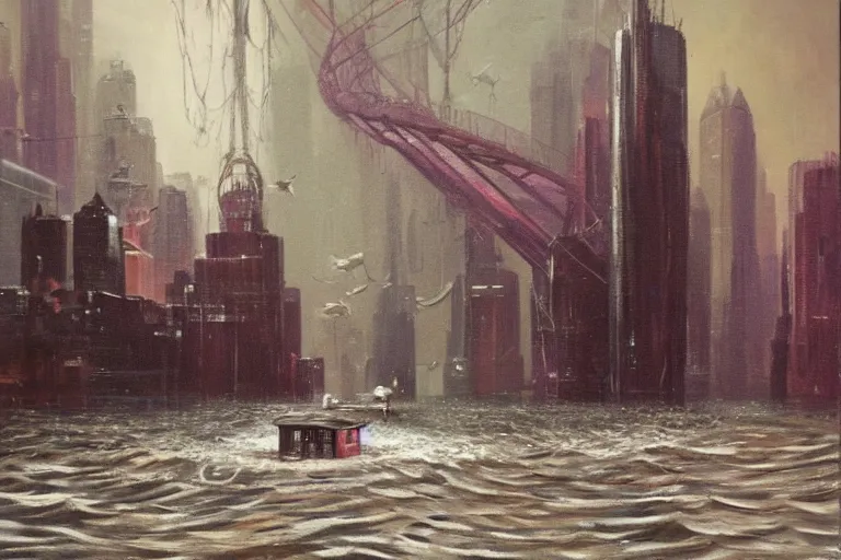 Image similar to river boats speeding between spherical tree houses on flooded streets of new york painting by ( ( ( ( ( h. r. giger ) ) ) ) ) and paul lehr