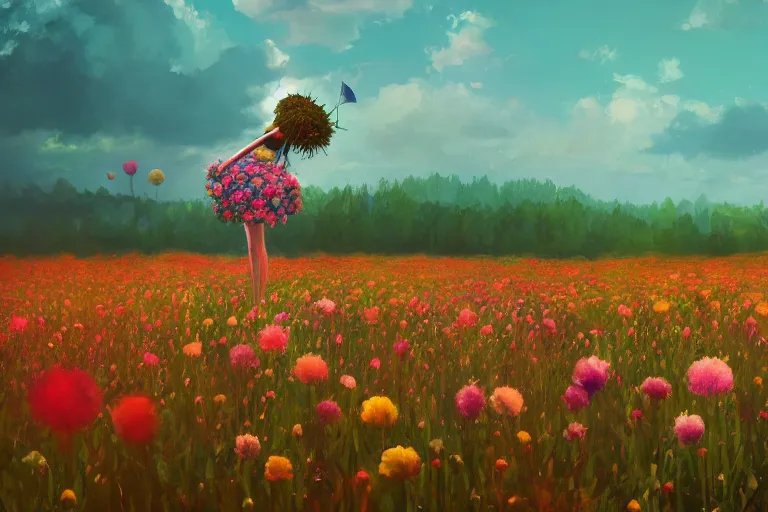 Image similar to closeup, giant flower head, girl in suit floating above field of flowers, surreal photography, sunrise, blue sky, dramatic light, impressionist painting, digital painting, artstation, simon stalenhag