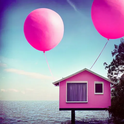 Image similar to dream a 5 0 mm lens photograph of a cute pink floating modern house, floating in the air between clouds, inspired by the movie up, held up from above by heart ballons. mist, playful composition canon, nikon, award winning, photo of the year